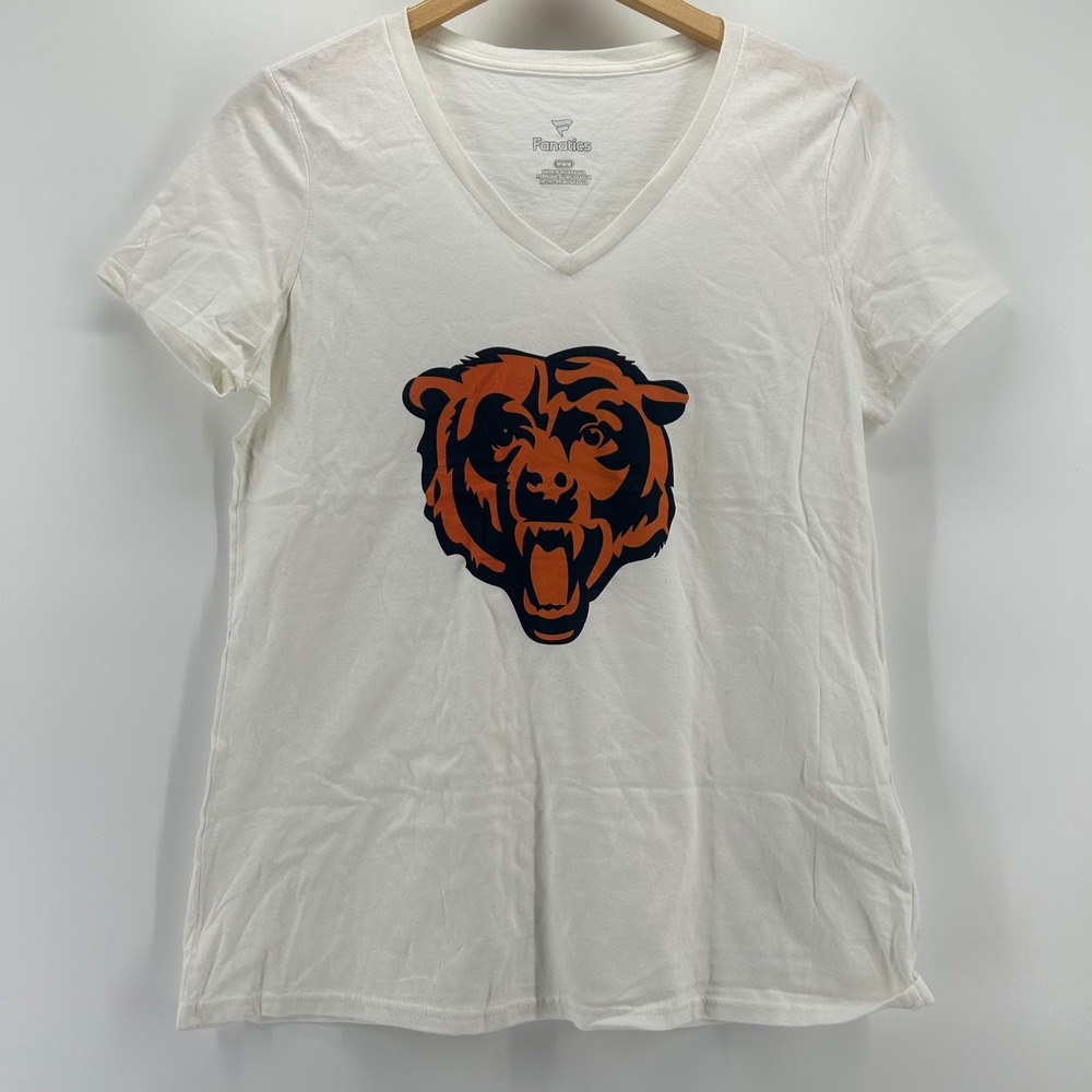 Fanatics Chicago Bears T-Shirt Womens Medium White V-Neck NFL Graphic Tee Cotton